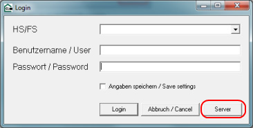 Schermata: Maschera di login, il pulsante "Server" è evidenziato
