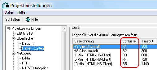 Screenshot: Teil der Experte-Projekteinstellungs-Maske, Refresh-Zeiten