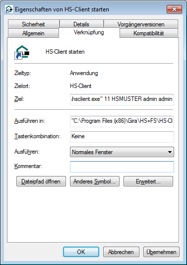Screenshot: “Properties of the link” window